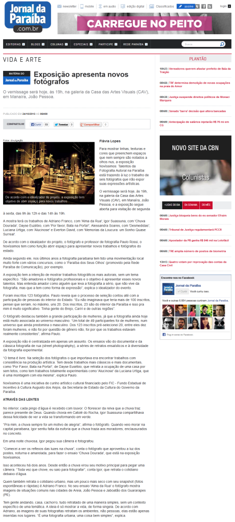 Detalhe do Jornal da Paraíba online contendo informações sobre o Projeto Novíssimos. Clique para ampliar